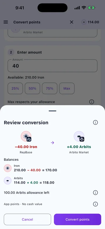 Arbito Market conversion review showing Iron converted to Arbits