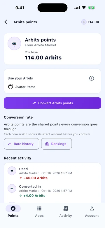 Arbito Market points page showing Arbits, activity and conversion options