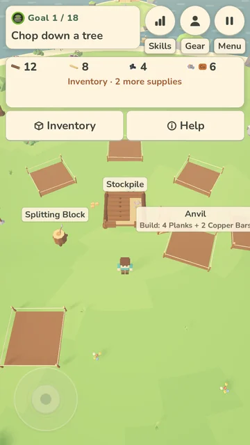 Furtherwild island camp with a stockpile, splitting block and anvil
