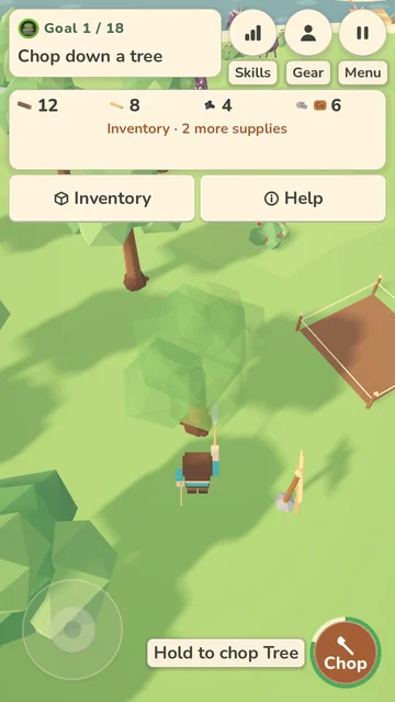 Furtherwild character gathering wood on a green island with a fox companion