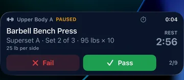 RepBase workout Live Activity on the iPhone Lock Screen with rest timer and set controls