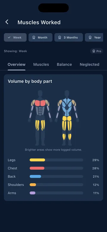 Updated Muscles Worked analytics with front and back anatomical body maps and focused navigation tabs