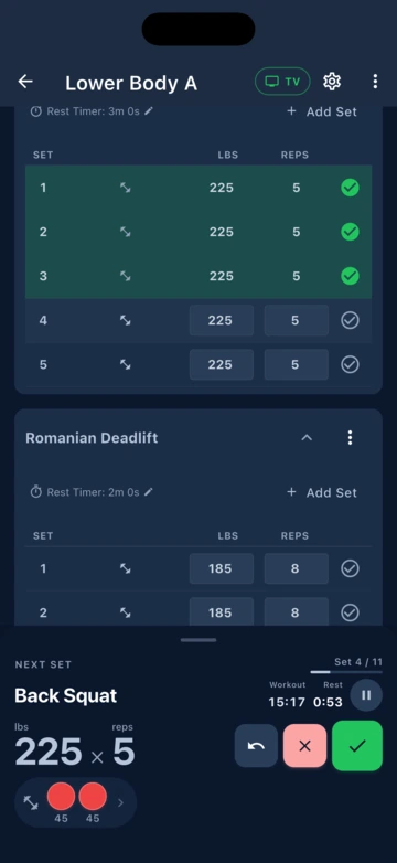 RepBase superset workout with plate calculator visible