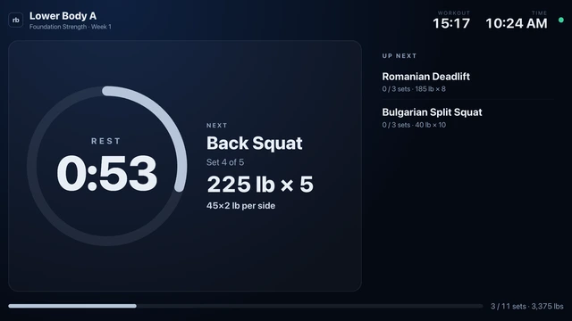 RepBase TV display showing a 0:53 rest countdown before Back Squat set 4 of 5, 225 lb for 5 reps, two 45 lb plates per side