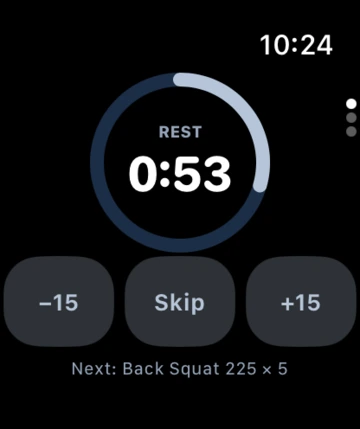 RepBase Apple Watch companion showing the same 0:53 rest countdown and next Back Squat 225 × 5