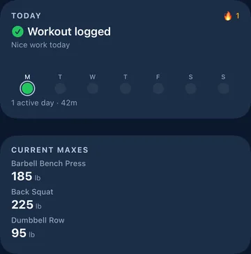 Native RepBase This Week and Current Maxes widget views rendered with demonstration data