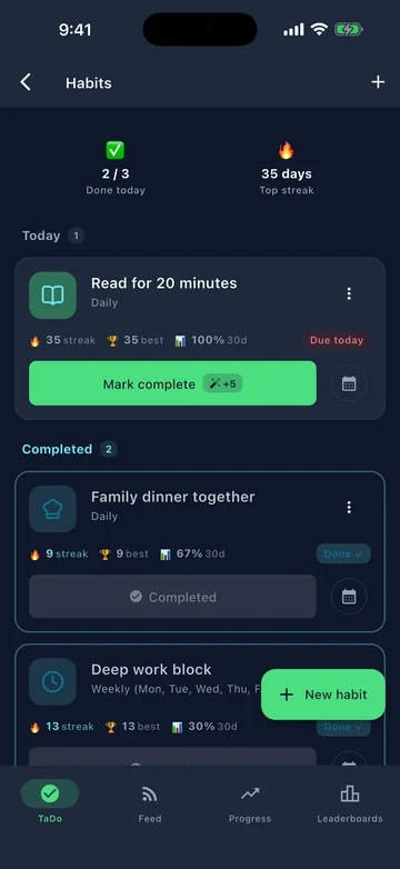 TaDo habits screen with completed habits and streak history