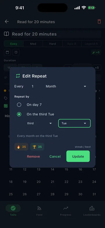 TaDo recurrence editor set to the third Tuesday of the month