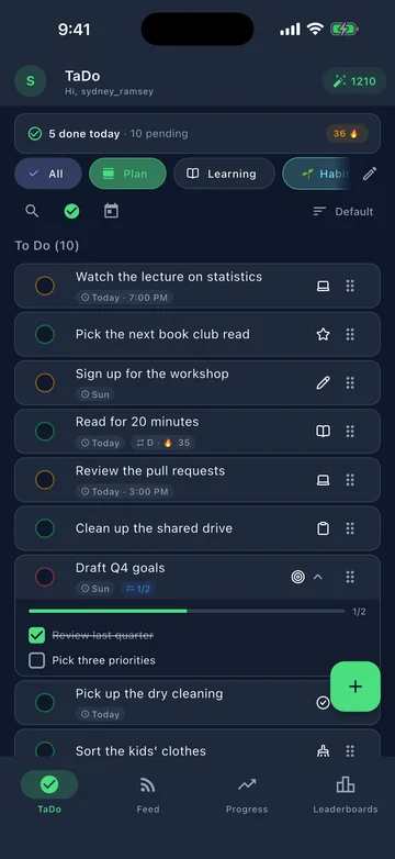 TaDo task list with due times, subtasks and completed tasks